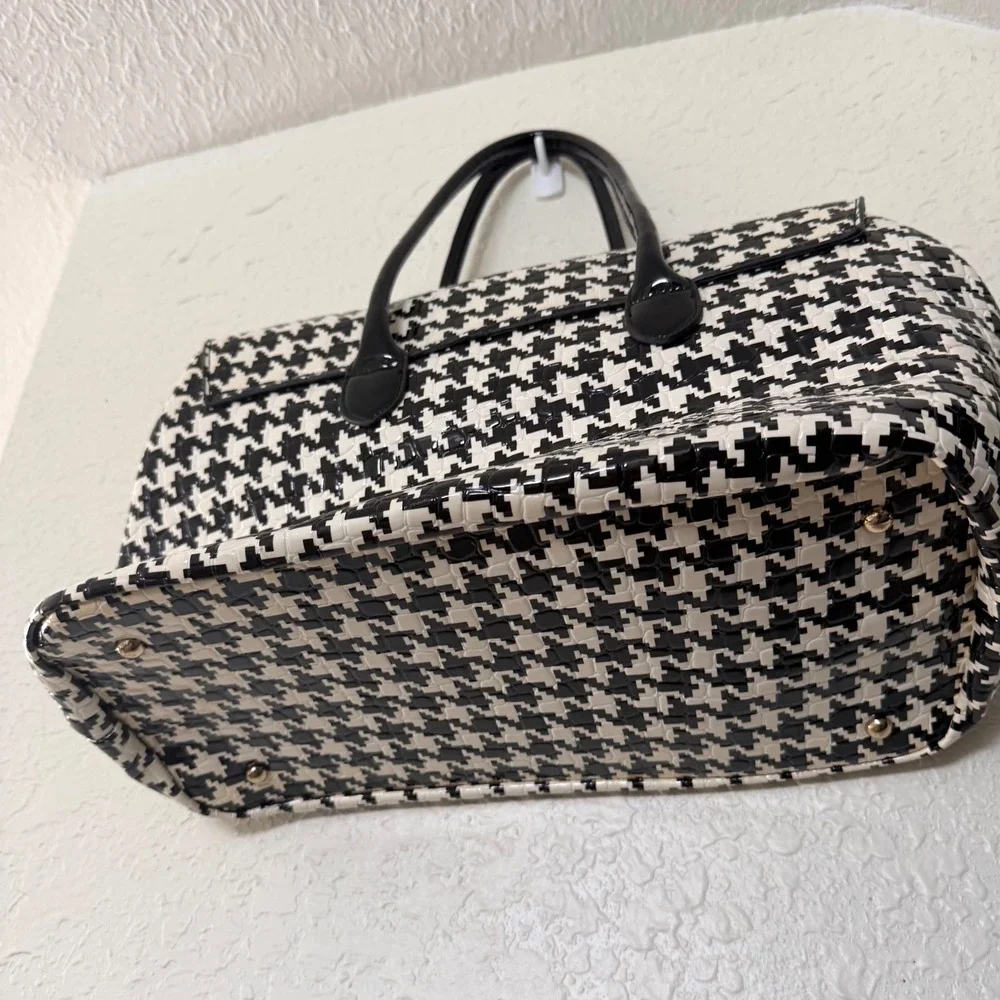 Unbranded Houndstooth Satchel Tote Womens Large Black White Glossy Patent Retro